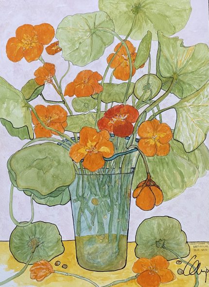 Flowers in Blue Glass Vase