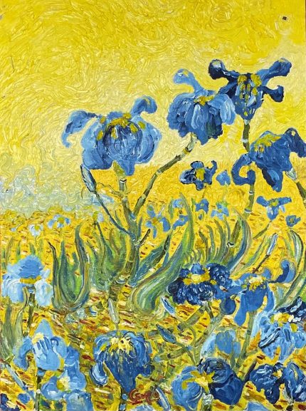 Blue Irises Under Yellow Sky