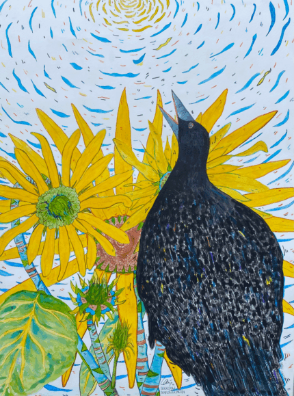 Black Crow in Sunflower Patch" (1999) – A Watercolor Celebration by Gregory Michael Maness